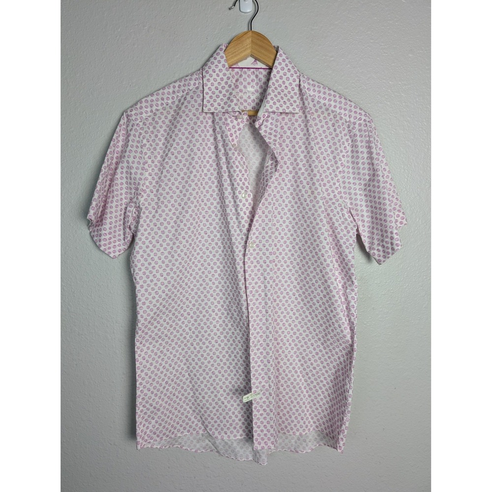BERTIGO Dress Shirt Mens S Pink Polka‎ Dot Short Sleeve Spread Collar Cotton